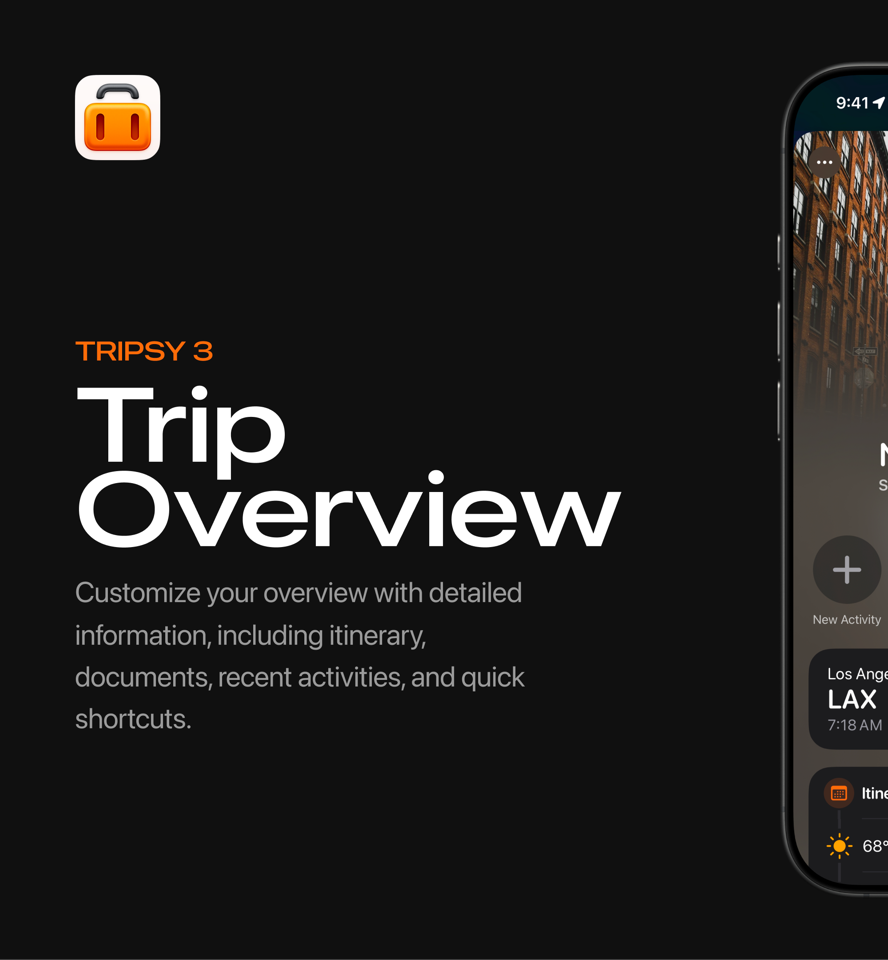 Customize your overview with detailed information, including itinerary, documents, recent activities, and quick shortcuts.